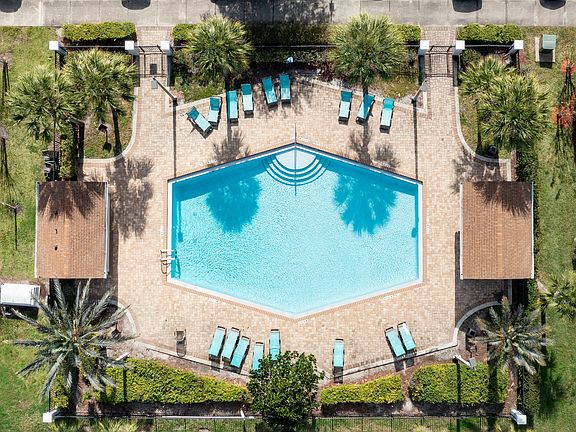 Aerial view of the resort-style swimming pool and sundeck.