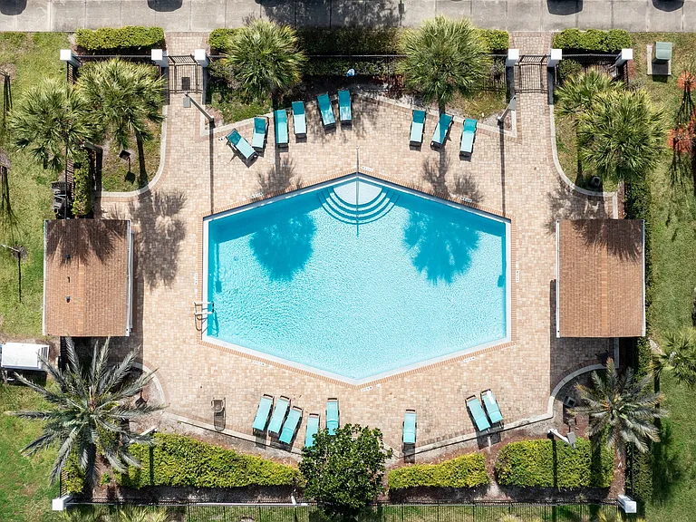 Aerial view of the resort-style swimming pool and sundeck.