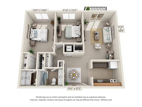 Floor plan 2 Bedroom, 1 1/2 Bath 938 (Balcony)