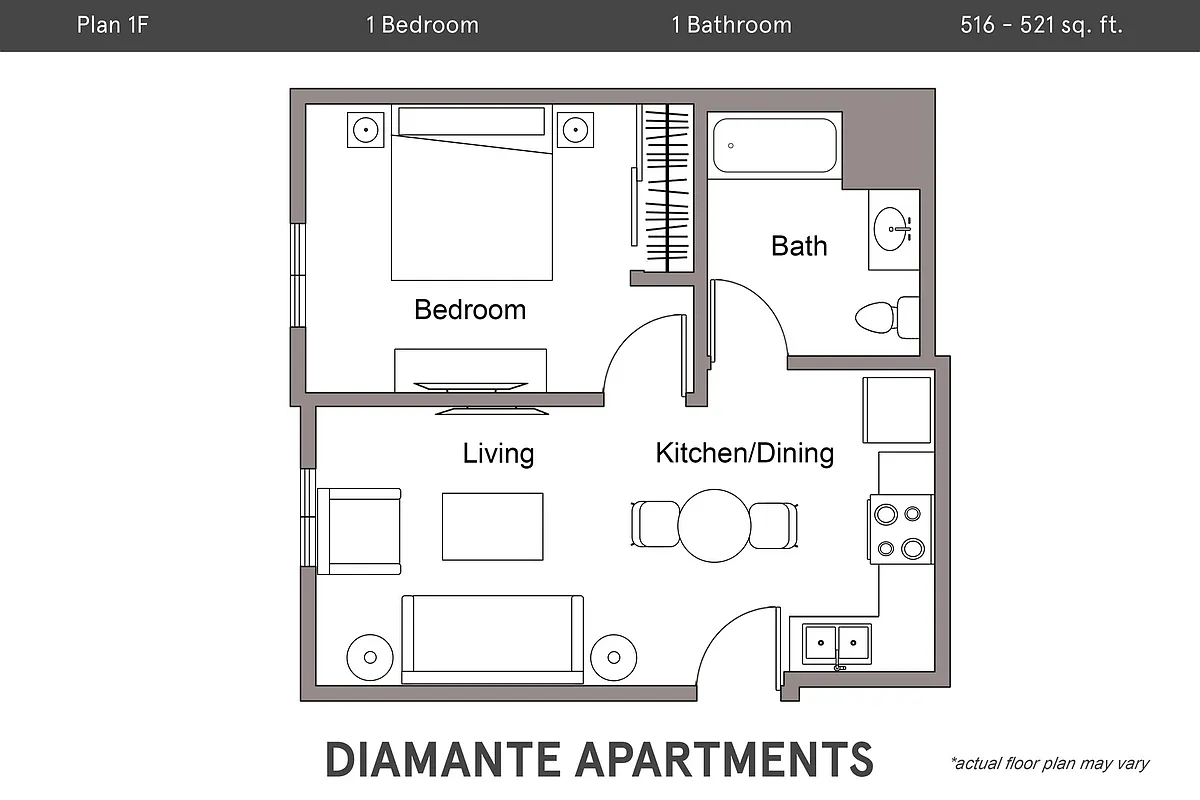 Floor plan Plan 1F - 1 Bedroom, 1 Bath