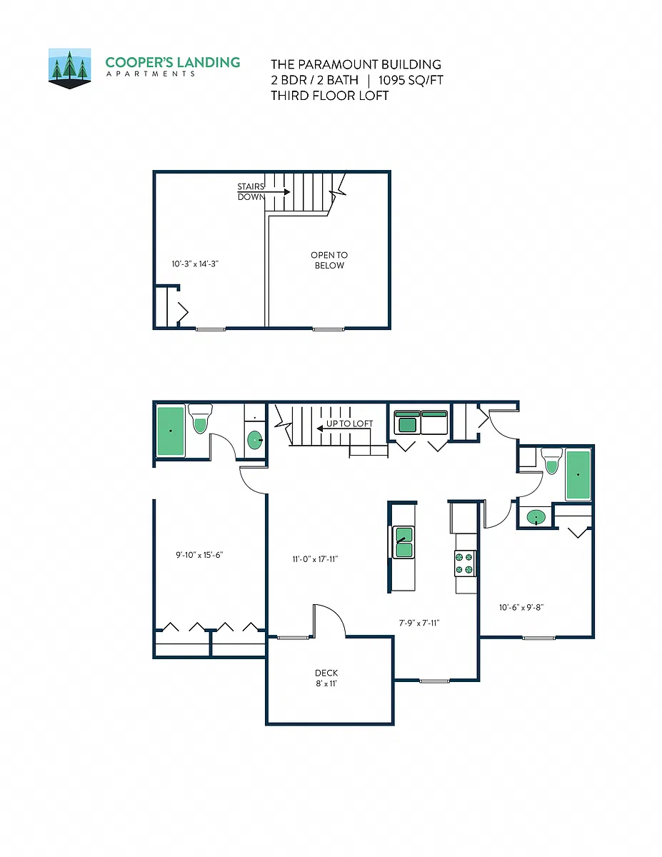 Floor plan 2 Bed, 2 Bath Loft - 1095 sq ft