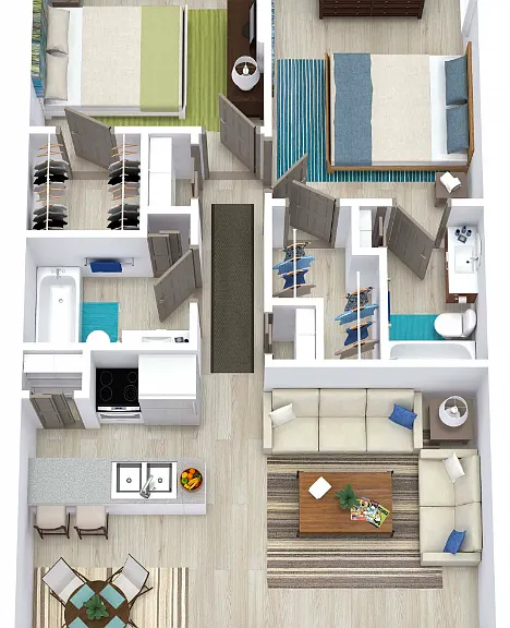 2 Bed 2 Bath 960 Floorplan Diagram