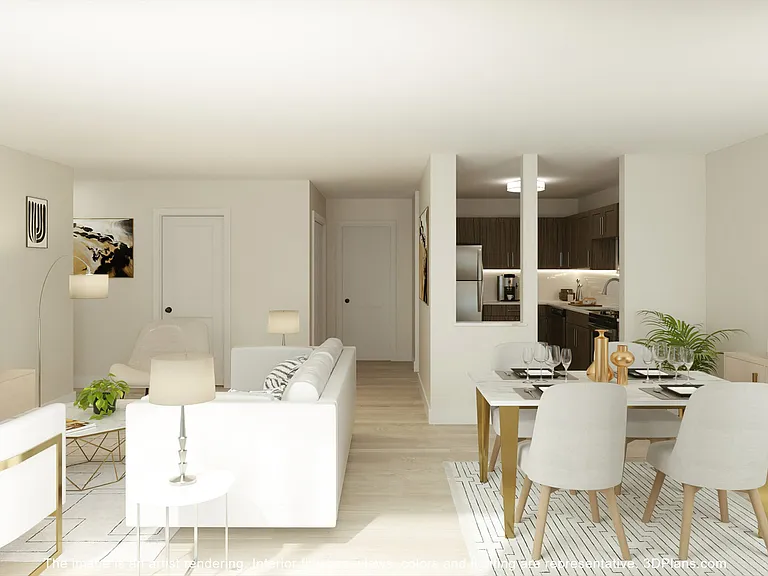 Upgraded living room with kitchen at Franklin River Apartments in Southfield