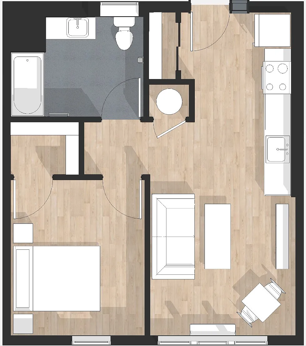 Floor plan One Bed One Bath (2C)