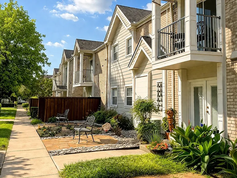 Inviting community walkway surrounded by greenery and a warm neighborhood feel.