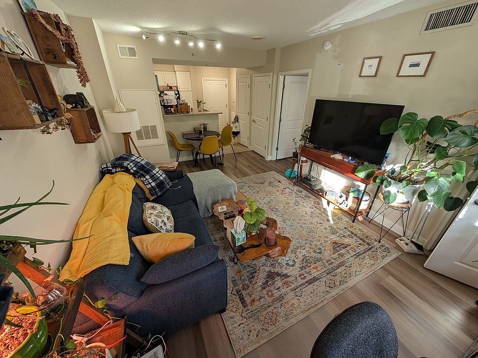 Living room view with back to window. Kitchen in background.