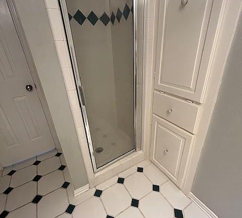 Shared bath has cabinetry for storage and a step-in shower.