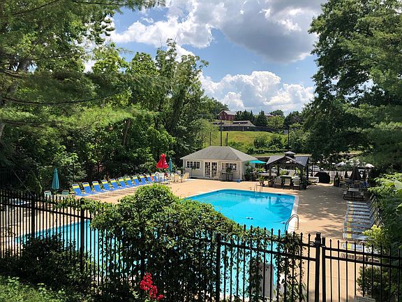 Large swimming pool with ample lounge chairs and grill.