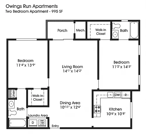 Floor plan 2BR 2BA (995sf)