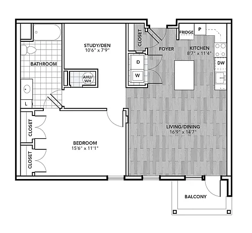 Floor plan 1 Bed 1 Bath with Den