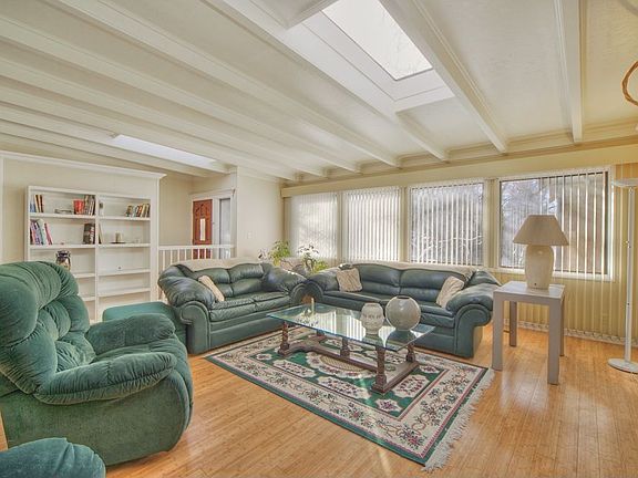 Formal living room features skylights for abundant natural lighting