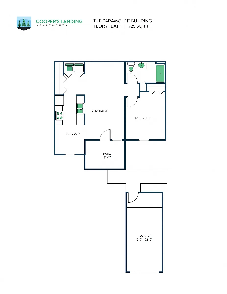 Floor plan 1 Bed, 1 Bath - 725 sq ft