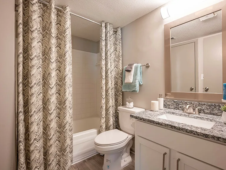 Bright bathroom with granite counters and bathtub