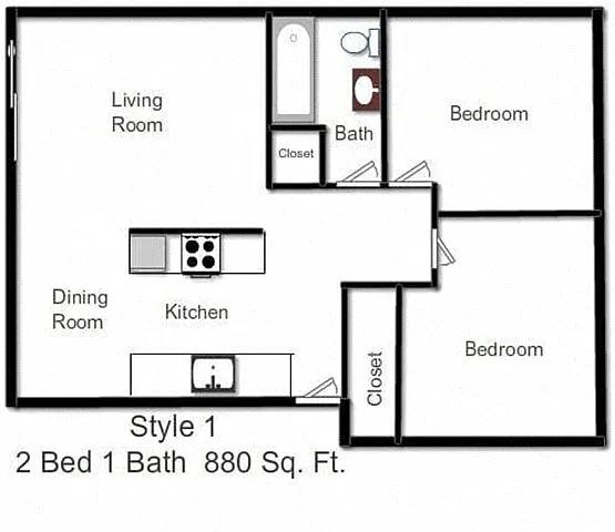 Floor plan 2 Bedroom, 1 Bath