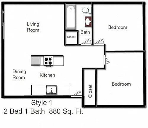 Floor plan 2 Bedroom, 1 Bath