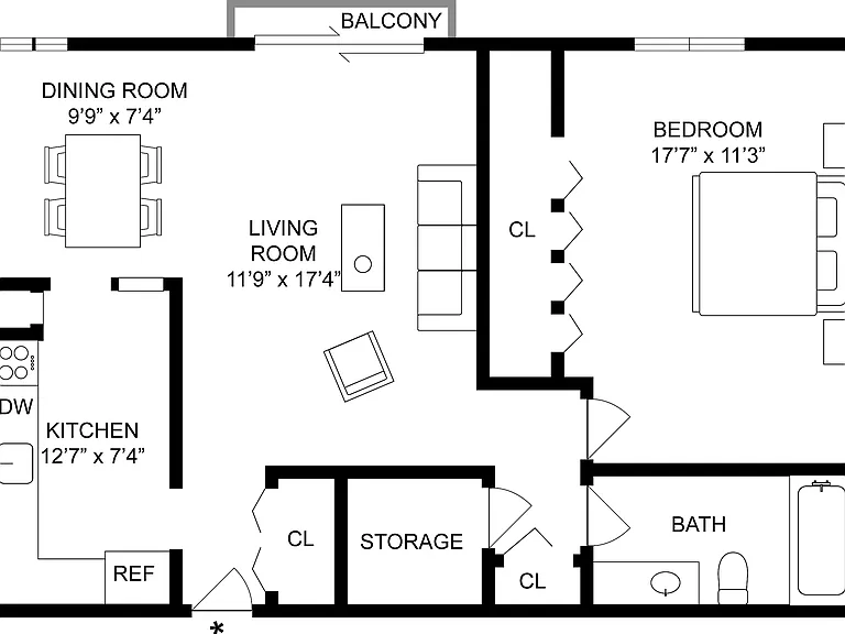 1x1 Upgraded | 1-Bedroom Floorplan 1x1 Upgraded | 1-Bedroom Floorplan