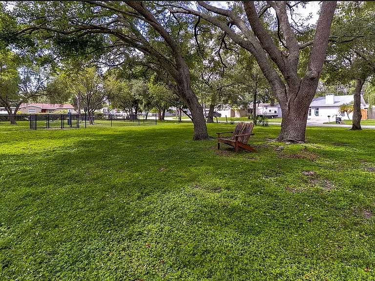 Charming park-like backyard with lush green grass, mature trees, and a cozy wooden bench, perfect for relaxation.