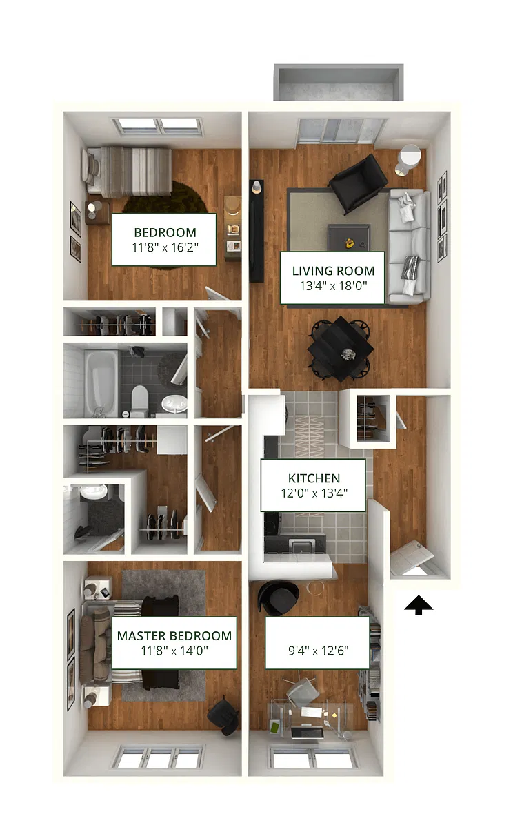 Floor plan 2BR 1.5BA (1000 SF)