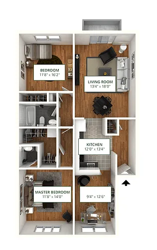 Floor plan 2BR 1.5BA (1000 SF)