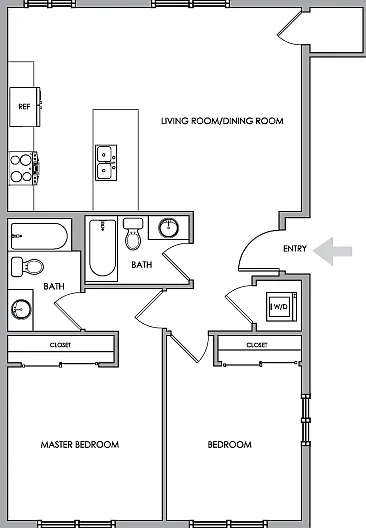2D Floor Plan Rendering - Two-Bedroom, Two-Bathroom | Option 6 2D Floor Plan Rendering - Two-Bedroom, Two-Bathroom | Option 6