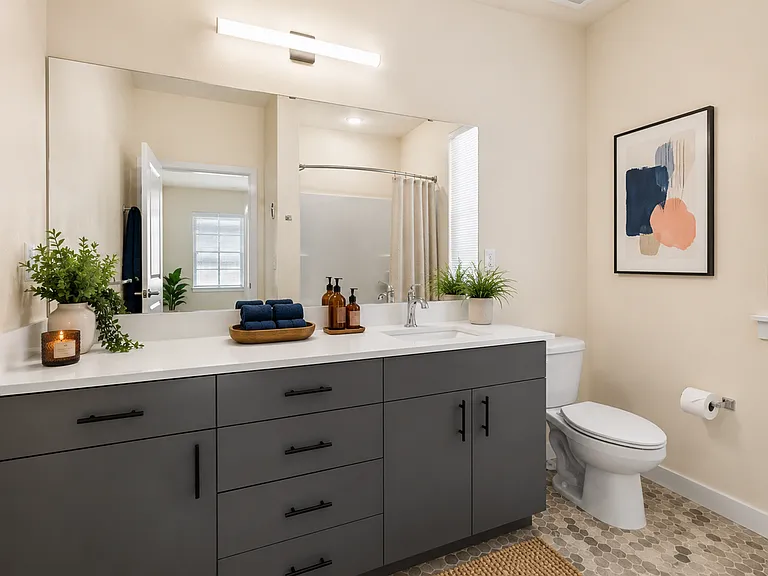 Modern bathroom with a spacious vanity, contemporary finishes, and ample storage at 27 West Apartments.