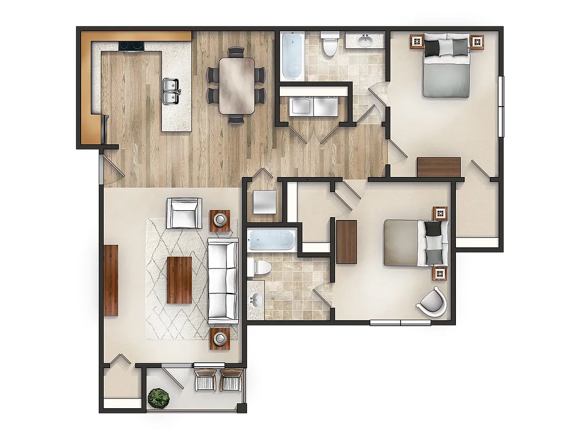 Floor plan 2 Bed, 2 Bath A (60% Income Restricted)