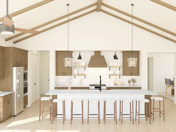 Kitchen with floating shelves and vaulted ceiling
