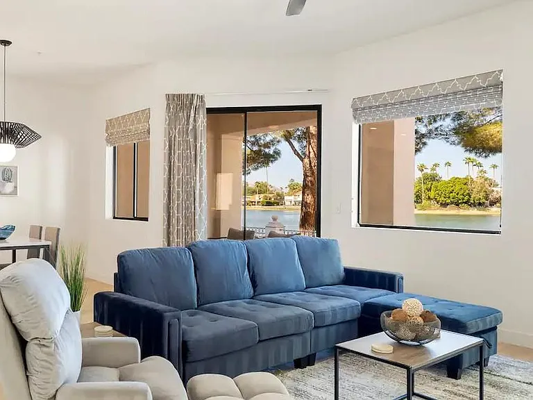 View of living room with lake view