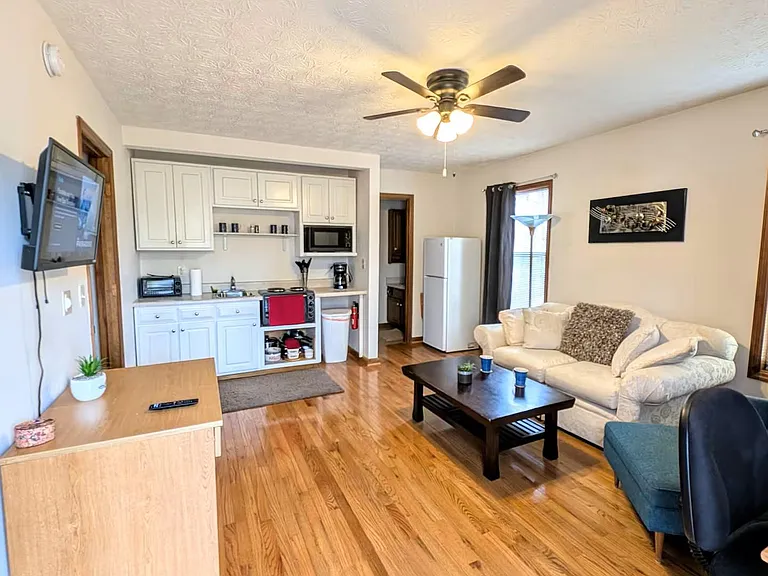 Open-concept living area with hardwood floors, comfortable seating, and a compact kitchen featuring ample cabinetry and full-