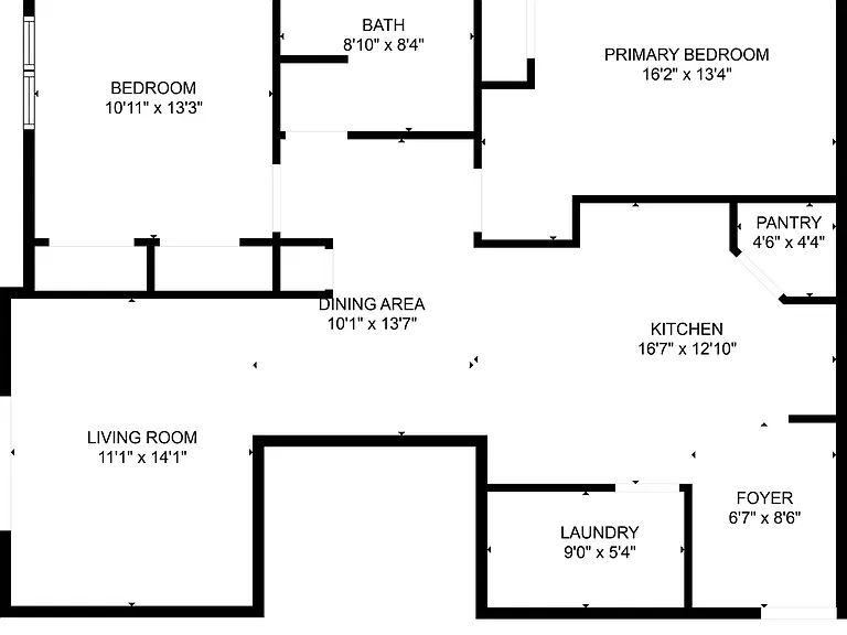 Chic floor plan featuring a spacious primary bedroom, additional bedroom, modern kitchen with pantry, and a large living room with dining area. Chic floor plan featuring a spacious primary bedroom, additional bedroom, modern kitchen with pantry, and a lar
