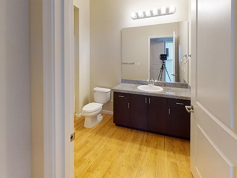 Apartment bathroom with wood-style flooring.