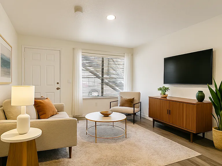 Bright, modern living space with clean lines, natural light, and warm wood flooring. Features a large window with blinds and sheer curtains, recessed lighting, and a spacious layout ideal for flexible furniture arrangements and personal styling.