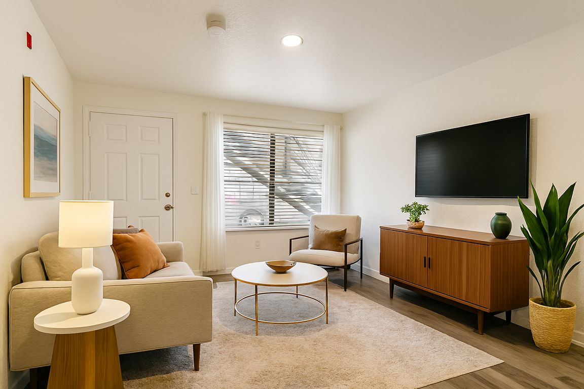 Bright, modern living space with clean lines, natural light, and warm wood flooring. Features a large window with blinds and sheer curtains, recessed lighting, and a spacious layout ideal for flexible furniture arrangements and personal styling.