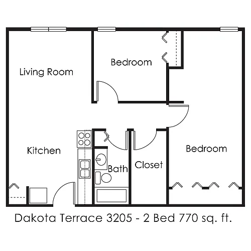 Floor plan 2 Bed 1 Bath | 770 sqft