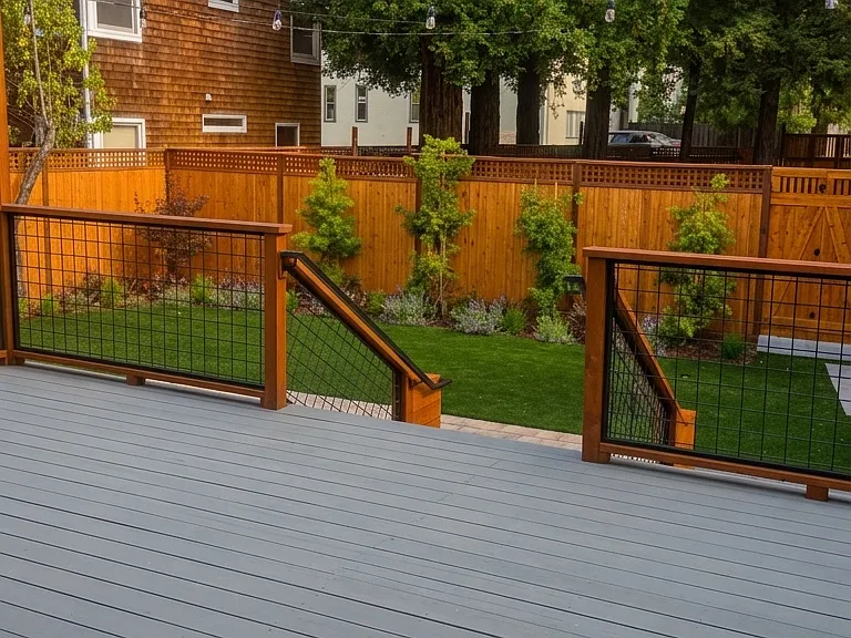 Elevated redwood deck off of dining room leading to back yard