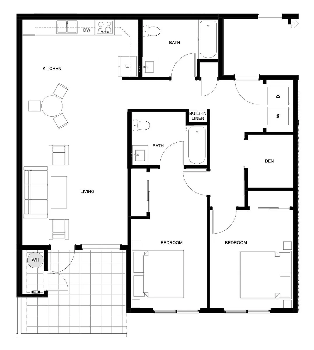Floor plan 2 Bed, 2 Bath, Den Large