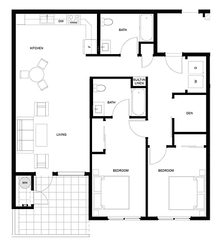 Floor plan 2 Bed, 2 Bath, Den Large
