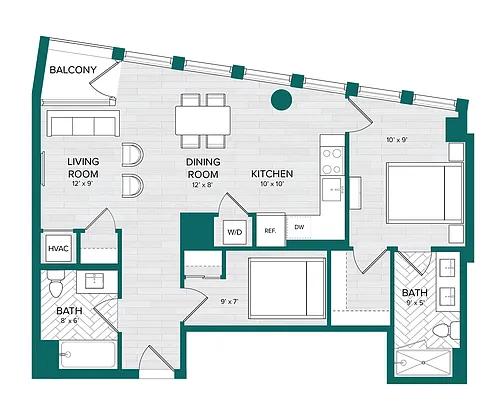 Floor plan 1 Bed 2 Bath Den-D9