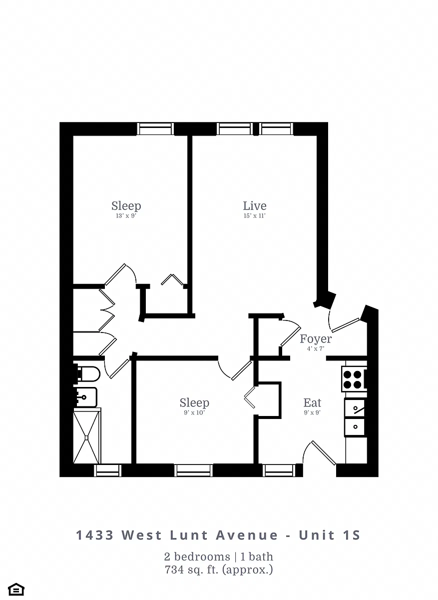Floor plan 2 Bedroom | 1 Bath (C1)