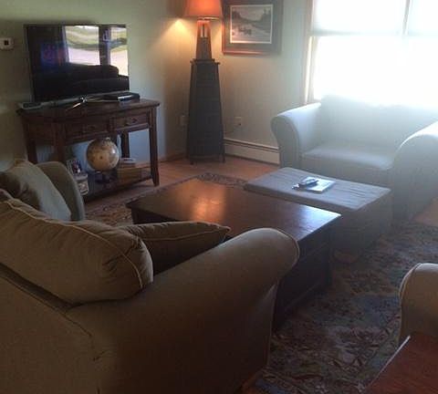 Living room on main level open floor plan to kitchen and dining room area. Cathedral ceilings and custom window shades