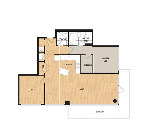 Floor plan Sidecar 1 Bed/1.5 Bath Den-Hawthorne