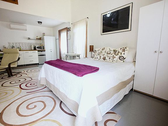 Downstairs queen bed and storage.
