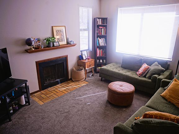 living room with wood burning fireplace, natural light