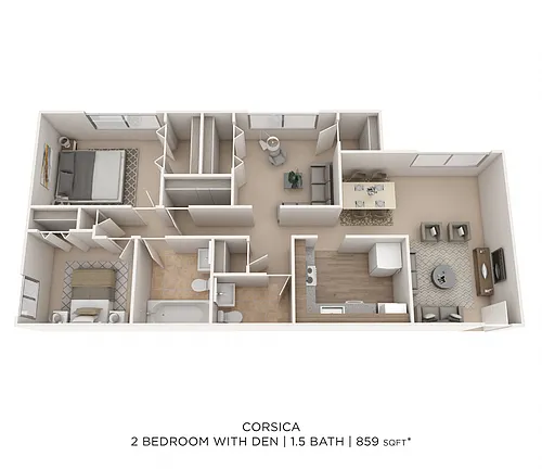 Floor plan Two Bedroom 1.5 Bath - 859 sqft