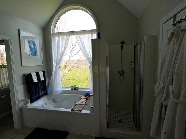 Bathroom with whirlpool tub, shower, toilet with door, two sinks.