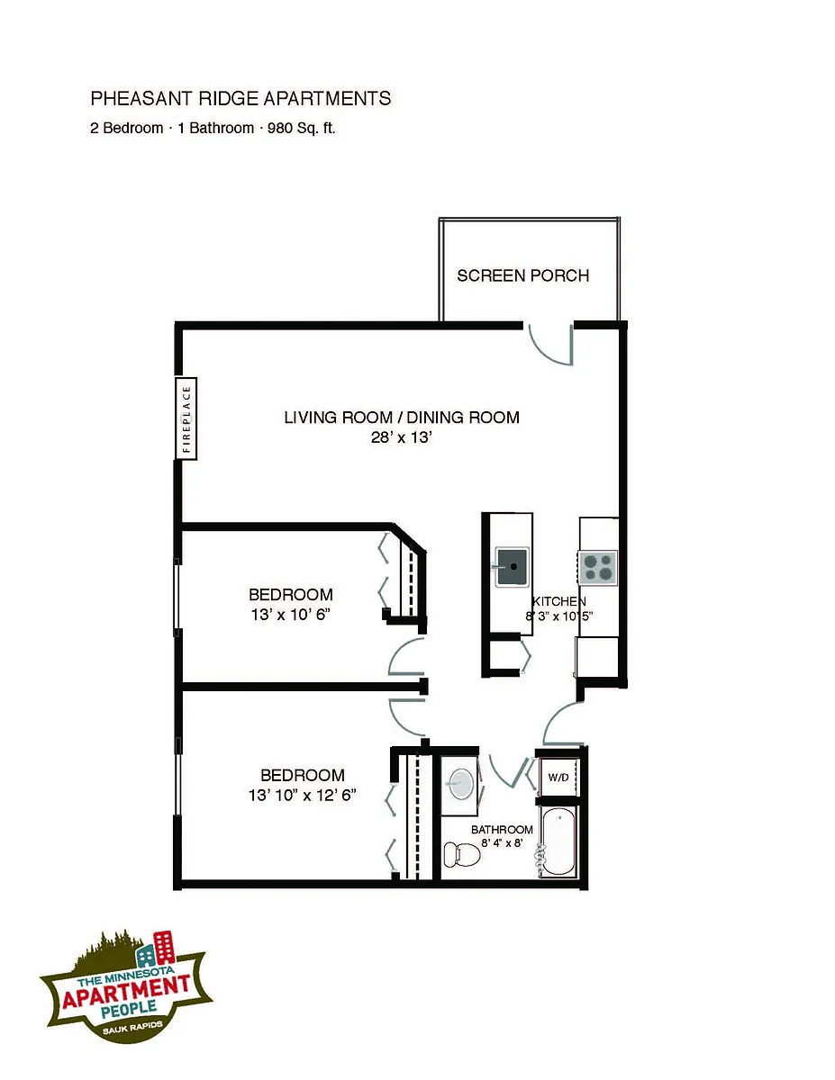 Floor plan 2bed 1bath Screened Porch Fireplace