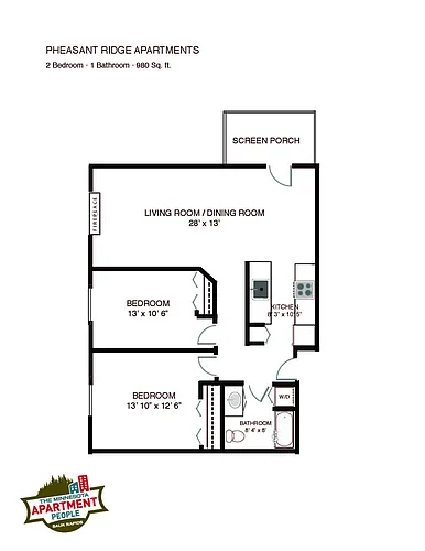 Floor plan 2bed 1bath Screened Porch Fireplace