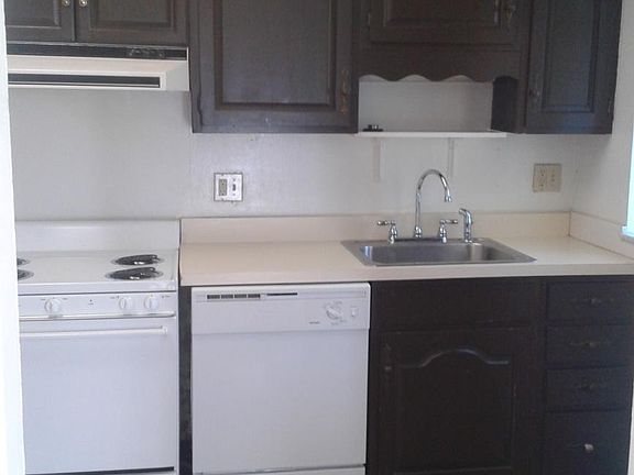 Kitchen hooded oven range, dishwasher, and sink with disposa