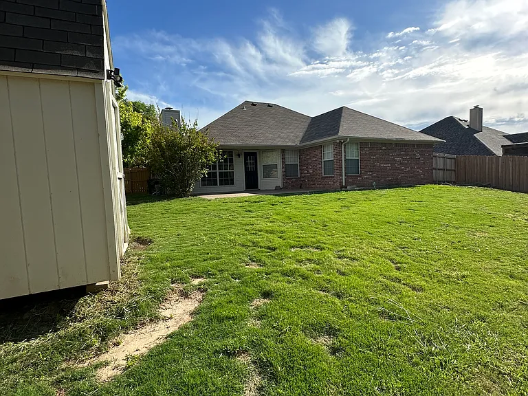 Fully fenced backyard with shed