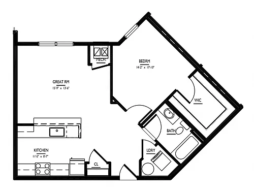 Floor plan 1 Bed/1 Bath-2B-H Phase II
